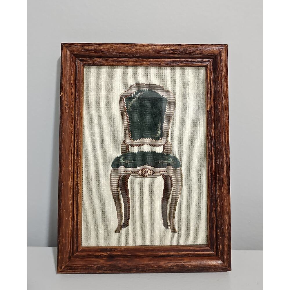 Vintage Needlepoint Cross Stitch Chair Art Rustic Wood Frame Cottage Baroque